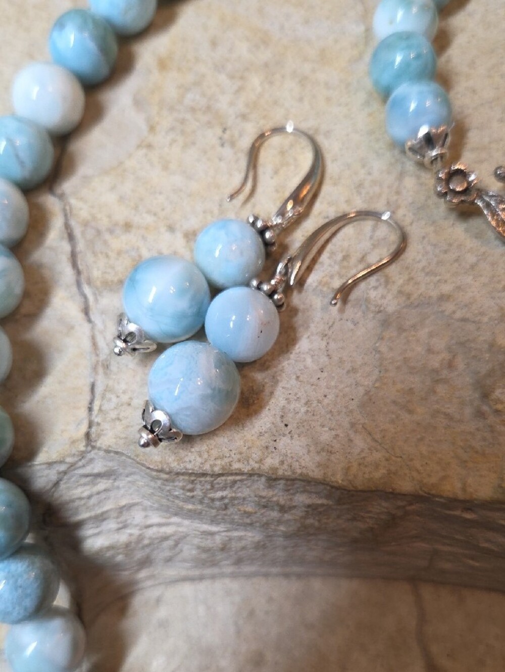 Sterling Silver Genuine Larimar Beaded Necklace and Earrings Set - Picture 6 of 12
